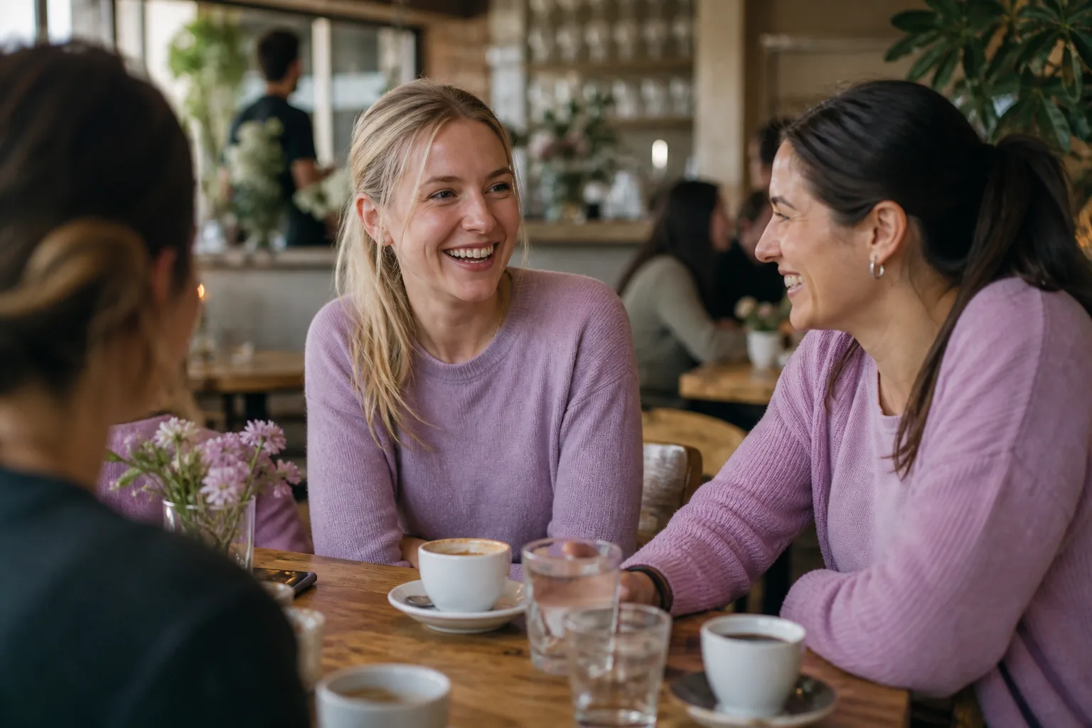 Two people talking over coffee in Newport city centre