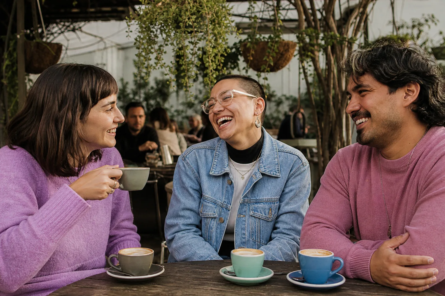 Two people talking over coffee in Gwent