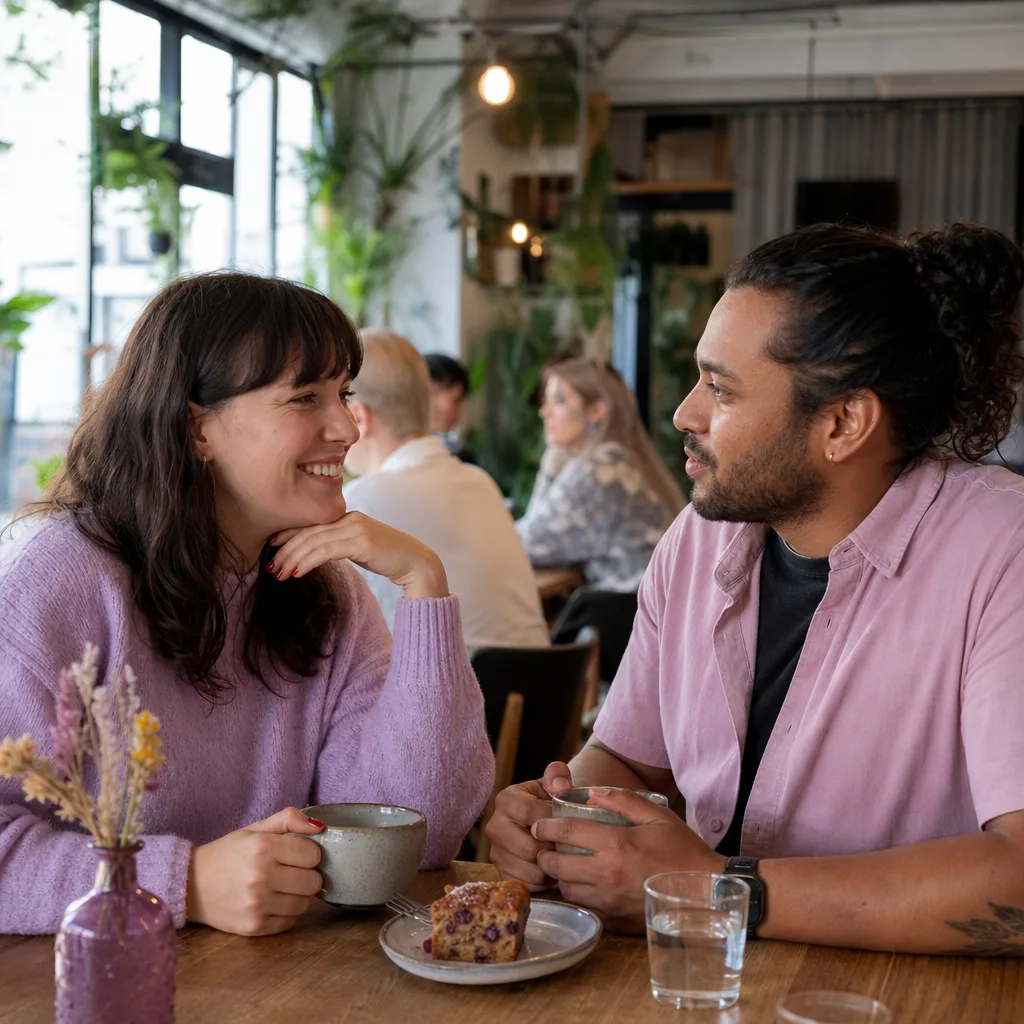 Coffee and cake set out for two people at a relaxed café table