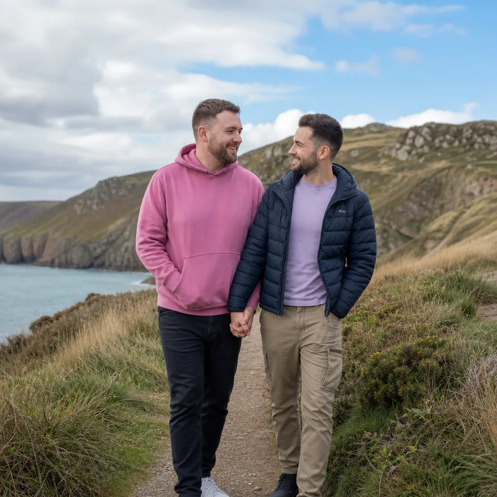 Gay couple chatting at an outdoor table in Abergavenny