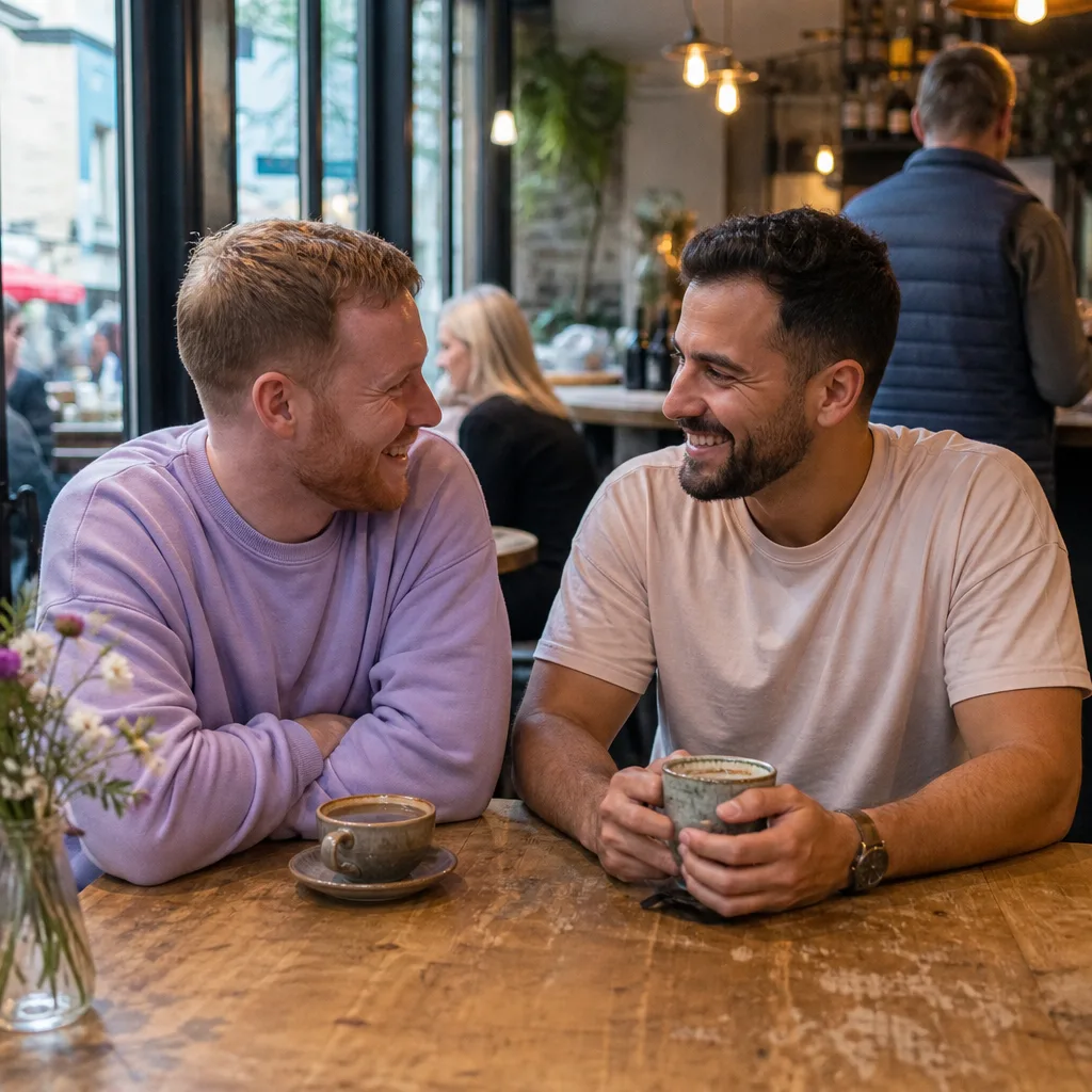 Two men meeting outside a busy cafe in Monmouth