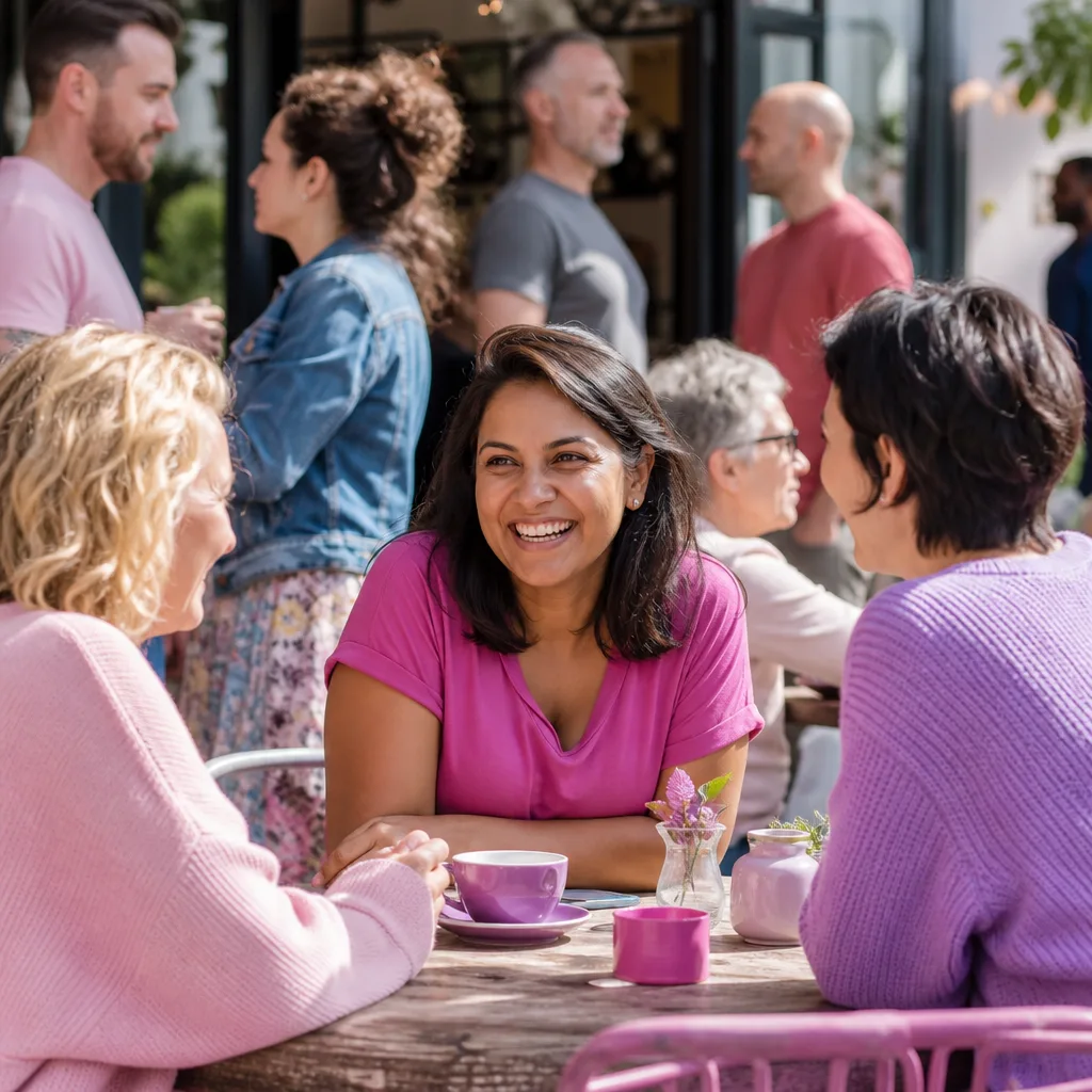Two adults chatting at a busy daytime cafe in Chepstow